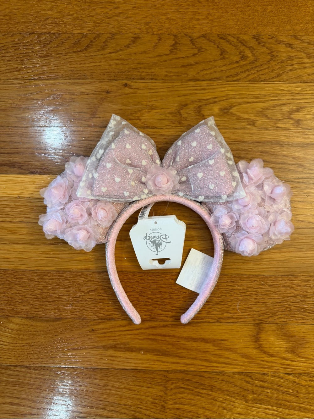 Disney Parks Valentine Pink Rosebud White Hearts Minnie Ears Headband NWT